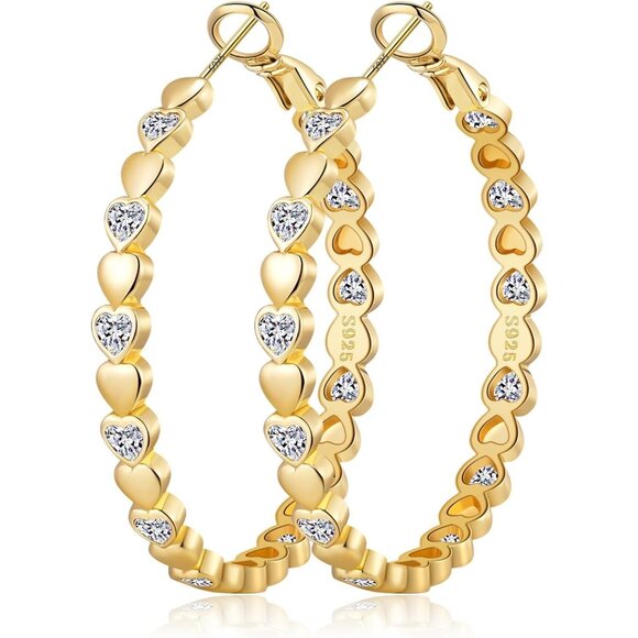 14k Gold Plated 40mm Heart Cubic Zirconia Rhinestone Hoop Earring for Women - Picture 1 of 7